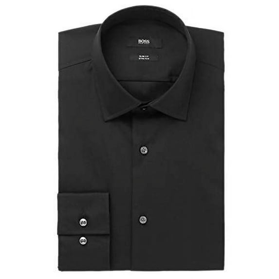 New BOSS Hugo Men's Jenno Slim-Fit Easy Iron All Cotton Dress Shirt, (Black, 43R 17" Neck)