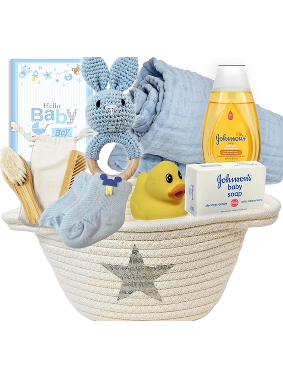 New Baby Boy Gift Basket (9 pc) Light Blue Baby Gift Set. Welcome Baby Care Package All wNewborn Essentials Bundle for Expecting Moms Baby Shower, After Labor Hospital Gift for New Mother and Baby
