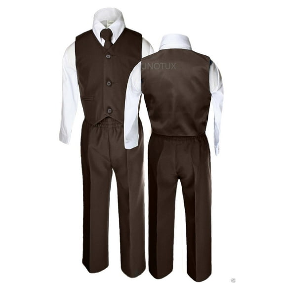 New Baby Boy,Toddler 4pcs D. Brown Wedding LONG TIE Vest Suit 0M-24M, 2T 3T 4T