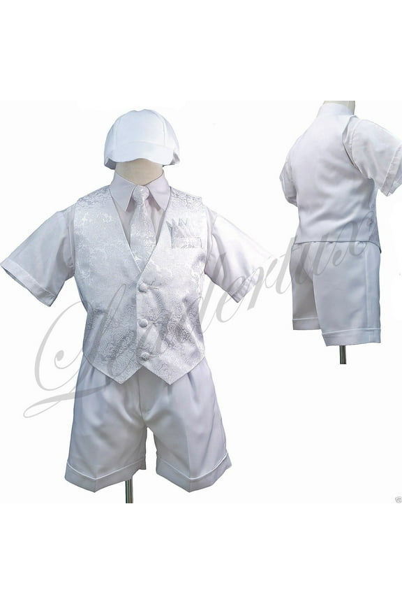 New Baby Boy & Toddler Christening 5PC White Vest Shorts Suit S M L XL 2T 3T 4T