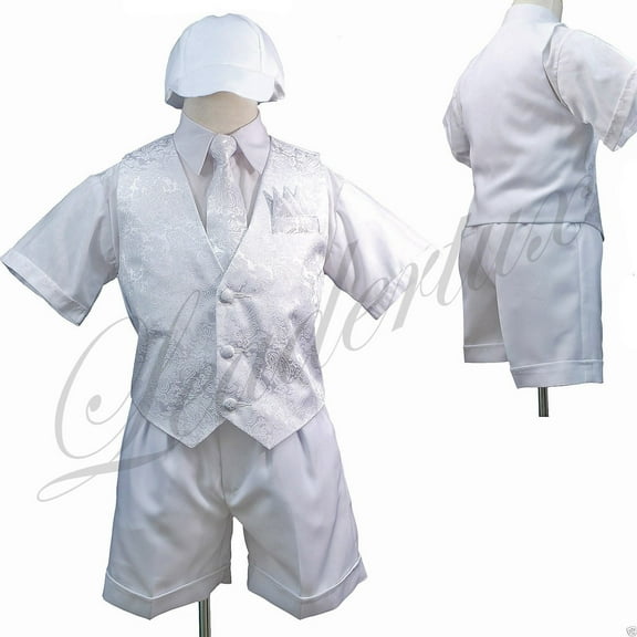 New Baby Boy & Toddler Christening 5PC White Vest Shorts Suit S M L XL 2T 3T 4T