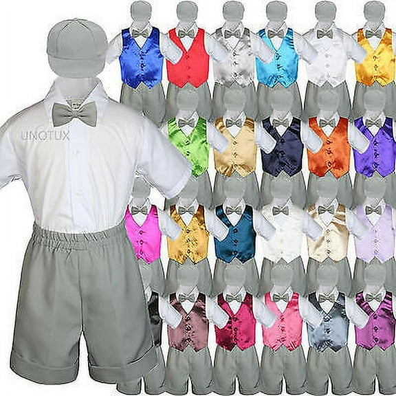 New Baby Boys Toddler Formal Vest Shorts Suit Vest 5pc Silver Bow Tie Set S-4T