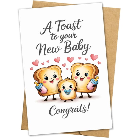 New Baby Congratulations Card, A Toast to Your New Baby, Cute Toast Family Design, Blank Inside with Envelope, 8 x 5.3 Inch
