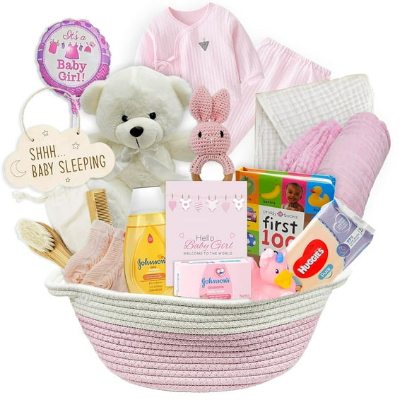 New Baby Girl Gift Basket Unique Gift Set for a New mom Pink Baby Gift Set. Welcome Baby Care Package All wNewborn Essentials Bundle for Expecting Moms Baby Shower, After Labor Gift