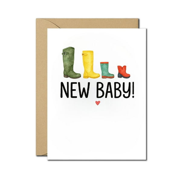 New Baby Greeting Card - Cute Family Boots Design, Blank Inside, Includes Envelope - Perfect for Baby Showers, Birth Announcements & New Parents