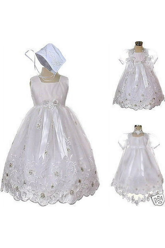 New Baby Infant Girl Toddler Christening Baptism Bonnet Formal Dress White 0-18M