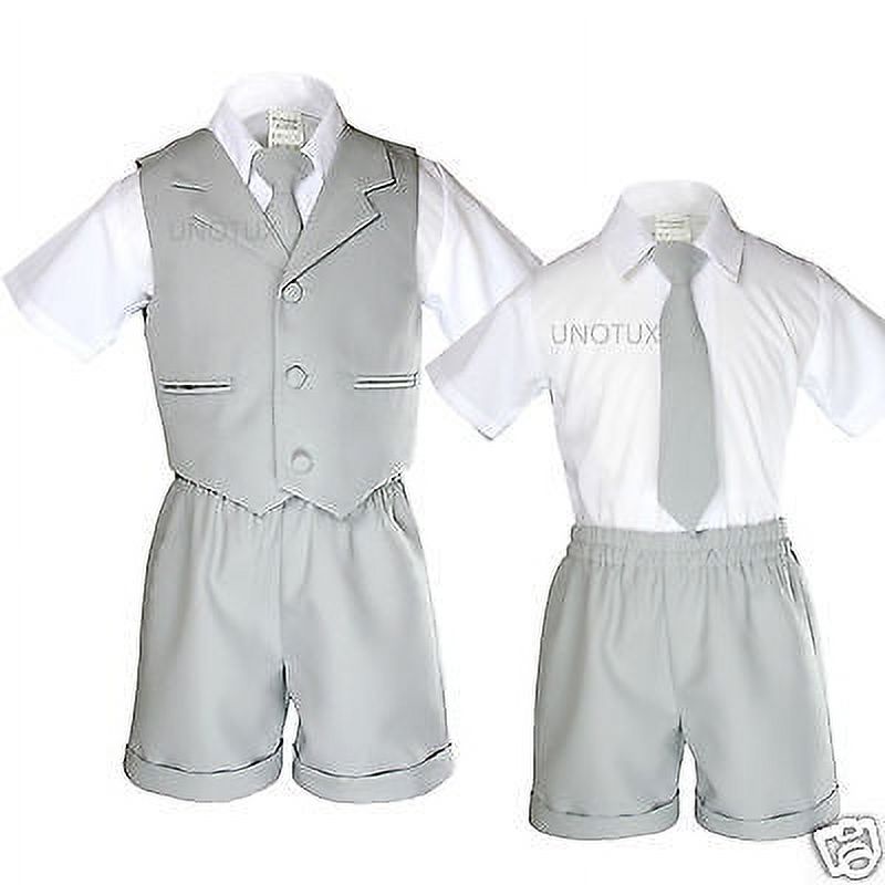 New Baby Toddler Formal Eton Gray 4pc Tie Vest Shorts Boy Suit Outfit S