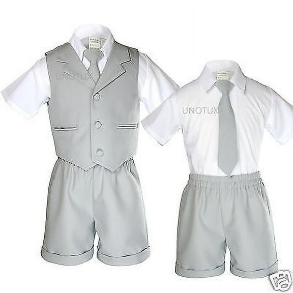 New Baby Toddler Formal Eton Gray 4pc Tie Vest Shorts Boy Suit Outfit S-XL 2-4T