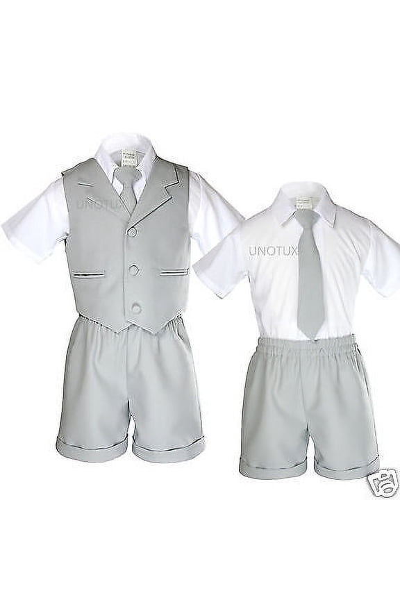 New Baby Toddler Formal Eton Gray 4pc Tie Vest Shorts Boy Suit Outfit S-XL 2-4T