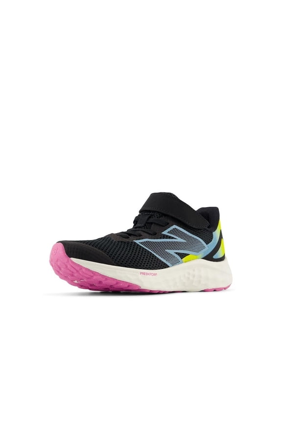 Fresh Foam Arishi V4 Bungee Lace with Top Strap Running Shoe, Black/Real Pink/Chrome Blue, 13 Wide US Unisex Little_Kid