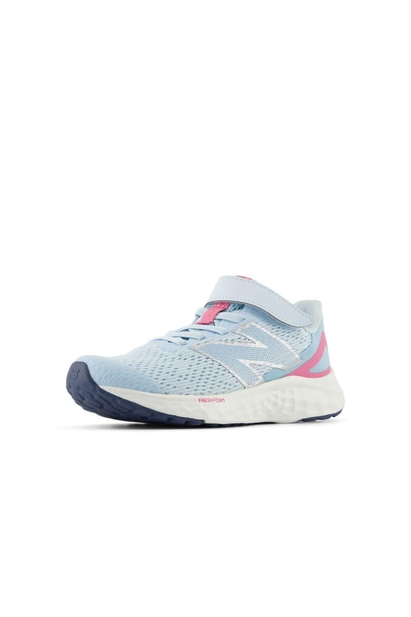 Fresh Foam Arishi V4 Bungee Lace with Top Strap Running Shoe, Quarry Blue/Real Pink/Chrome Blue, 13 Wide US Unisex Little_Kid