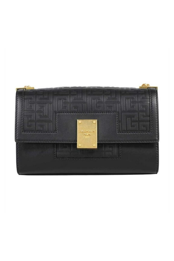 New Balmain 1945 Black Leather Embossed Flap Medium Shoulder Bag WB1BK652