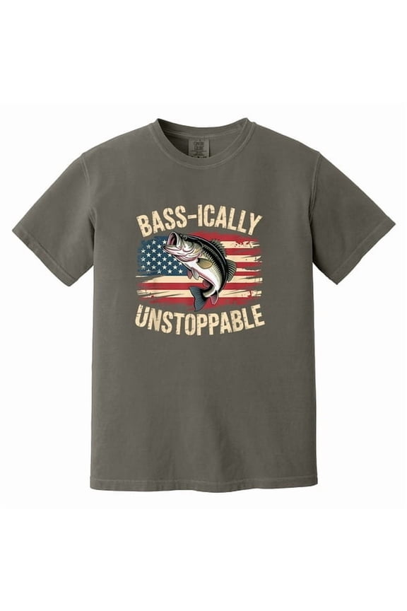 New Bass-ically Unstoppable Fishing Shirt| Patriotic Bass Fisherman Tee| Funny American Flag Fishing T-Shirt Gift for Men, DTG Print, Unisex Shirt