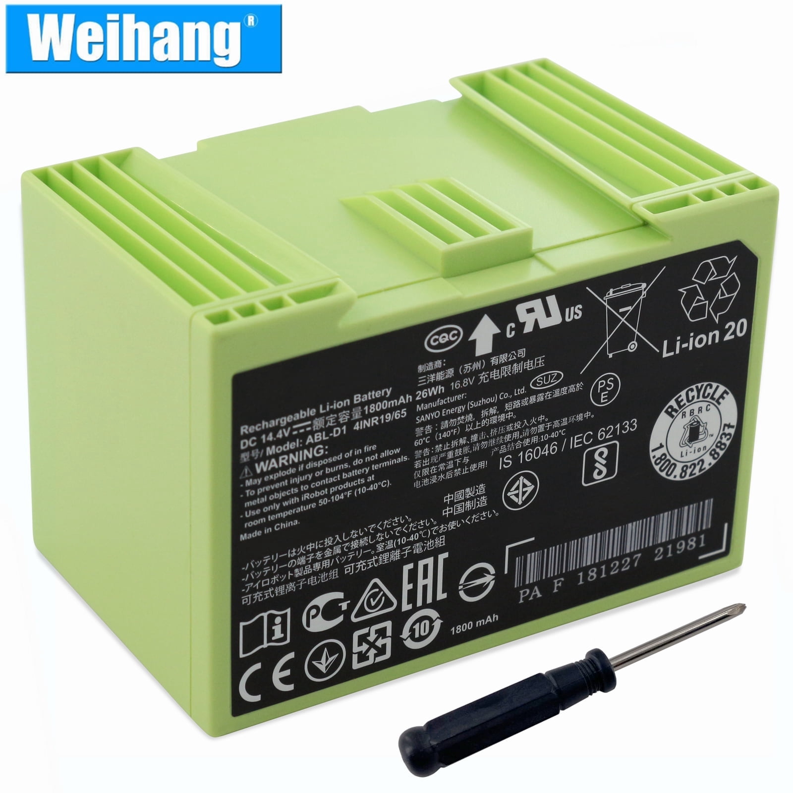 Weihang, Battery for iRobot Roomba, Green, 14.4V 1800mAh - Walmart.com