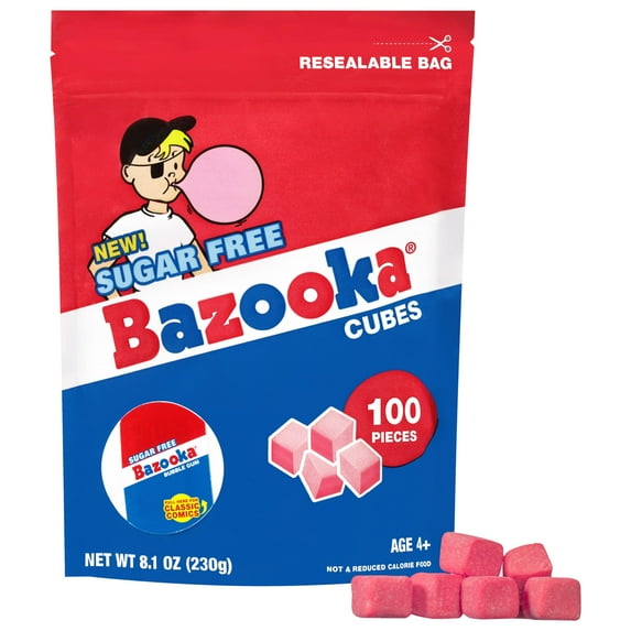 Bazooka Bubble Gum Sugar-Free Chewing MDA05 Gum Cubes, Bulk in Resealable Bag, 100 Ct in Original Pink Flavor w/Bazooka Joe Comics, Baseball Party Favors, Nostalgic 90s Candy