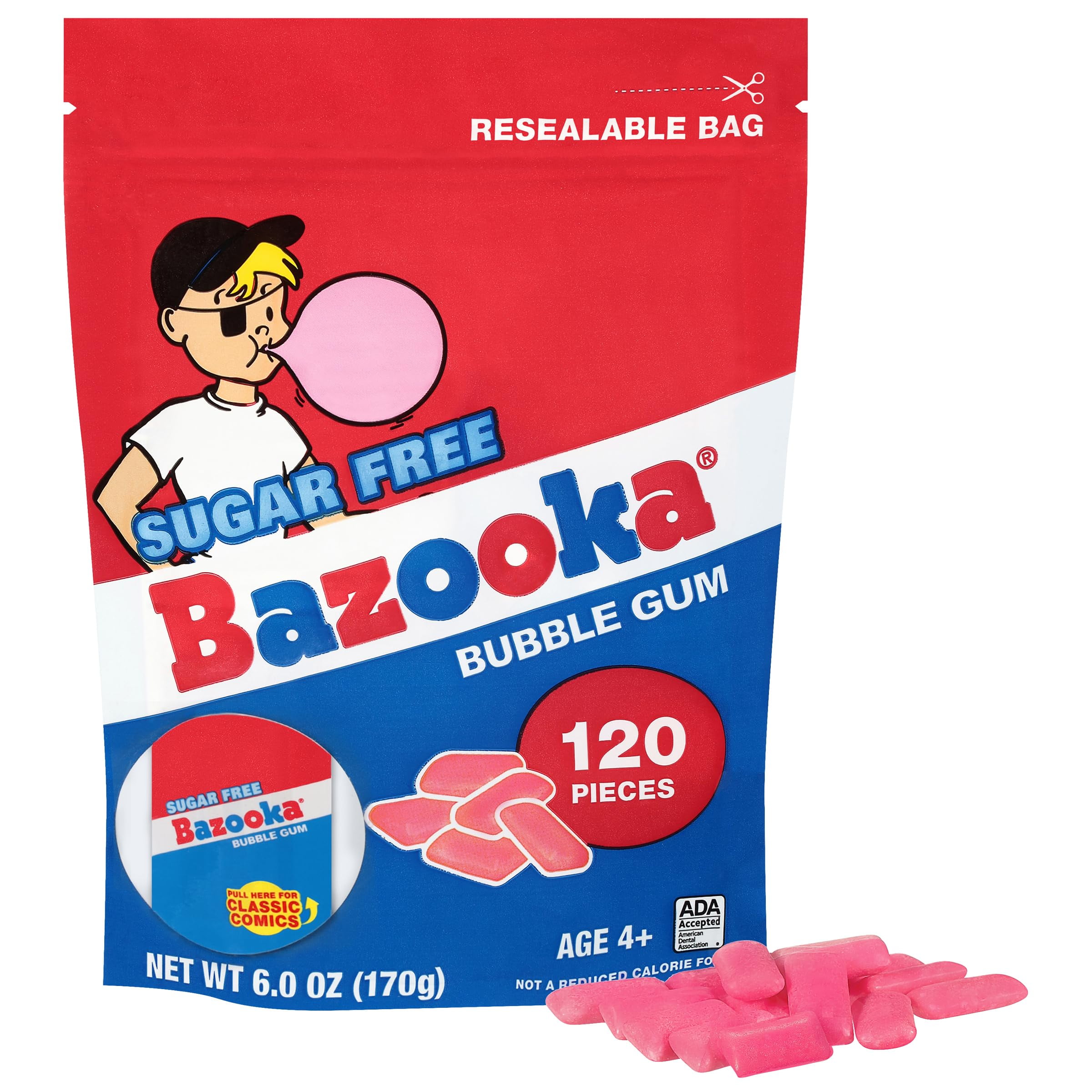 Bazooka Sugar-Free Bubble Gum Pellets, 120 Count, 5 oz, Vintage, Resealable Pouch, Nostalgic Chewy Gum