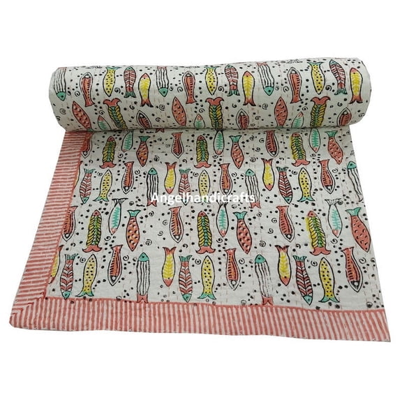 New Beautiful Hand Block Fish print Cotton bed cover Kantha bedsheet Handmade Indian Bedspread Cotton Quilt Modern vintage throw Best Gift