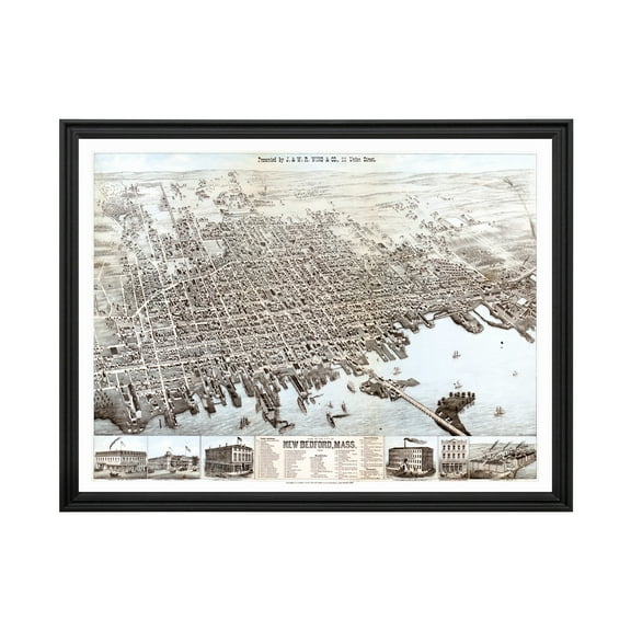 New Bedford Art, 1876 Vintage Map of New Bedford Massachusetts, MA History Wall Decor Gift, Old New Bedford Map - 24" x 18" Black Framed Print