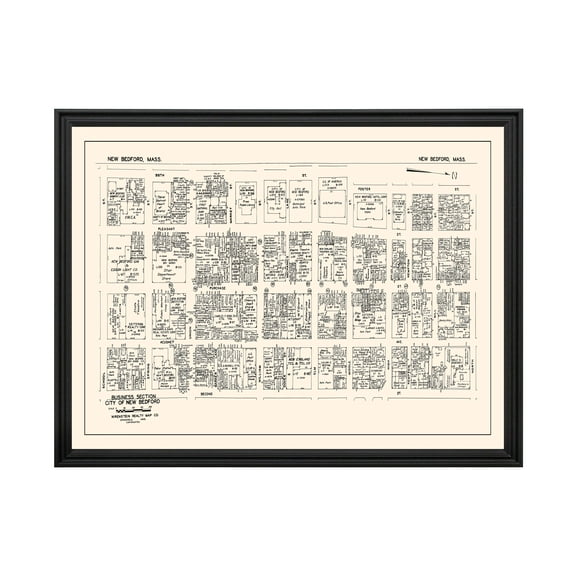 New Bedford Art, 1946 Vintage Map of Downtown New Bedford Massachusetts, MA History Wall Decor Gift, Old New Bedford Map - 24" x 18" Black Framed Print
