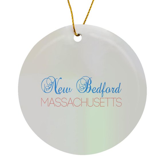 3drose, New Bedford, Massachusetts Blue, Red Text. Patriotic Home Town Design, Circle Porcelain Ornament