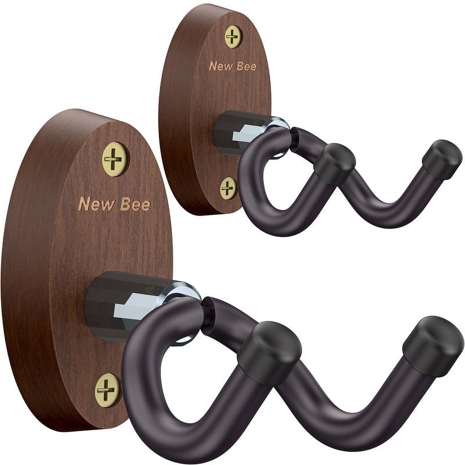 New Bee 2PC Guitar Wall Mount - Sturdy Wood Base & Metal Hook, High Weight Capacity, Anti-Slip V-Shape, Rotatable Adjustable with Soft Rubber - Fits Ukulele/Bass/Mandolin/Banjo (All Sizes)
