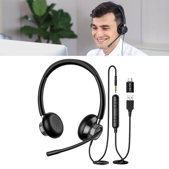 New bee Wired Headset with Microphone, USB Headphones with Noise-Canceling Mic (135° Rotatable), Lightweight Over-Ear Headset for Online Learning/Work/Meetings/Gaming, Compatible with Phone/PC/Tablet