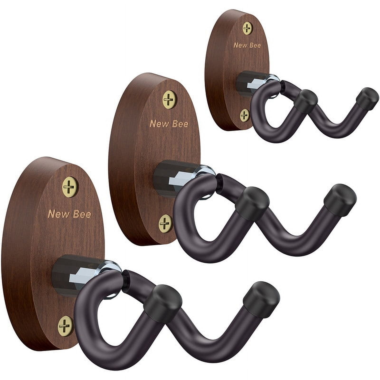 New Bee 3PC Guitar Wall Mount - Sturdy Wood Base & Metal Hook, High Weight Capacity, Anti-Slip V-Shape, Rotatable Adjustable with Soft Rubber - Fits Ukulele/Bass/Mandolin/Banjo (All Sizes)