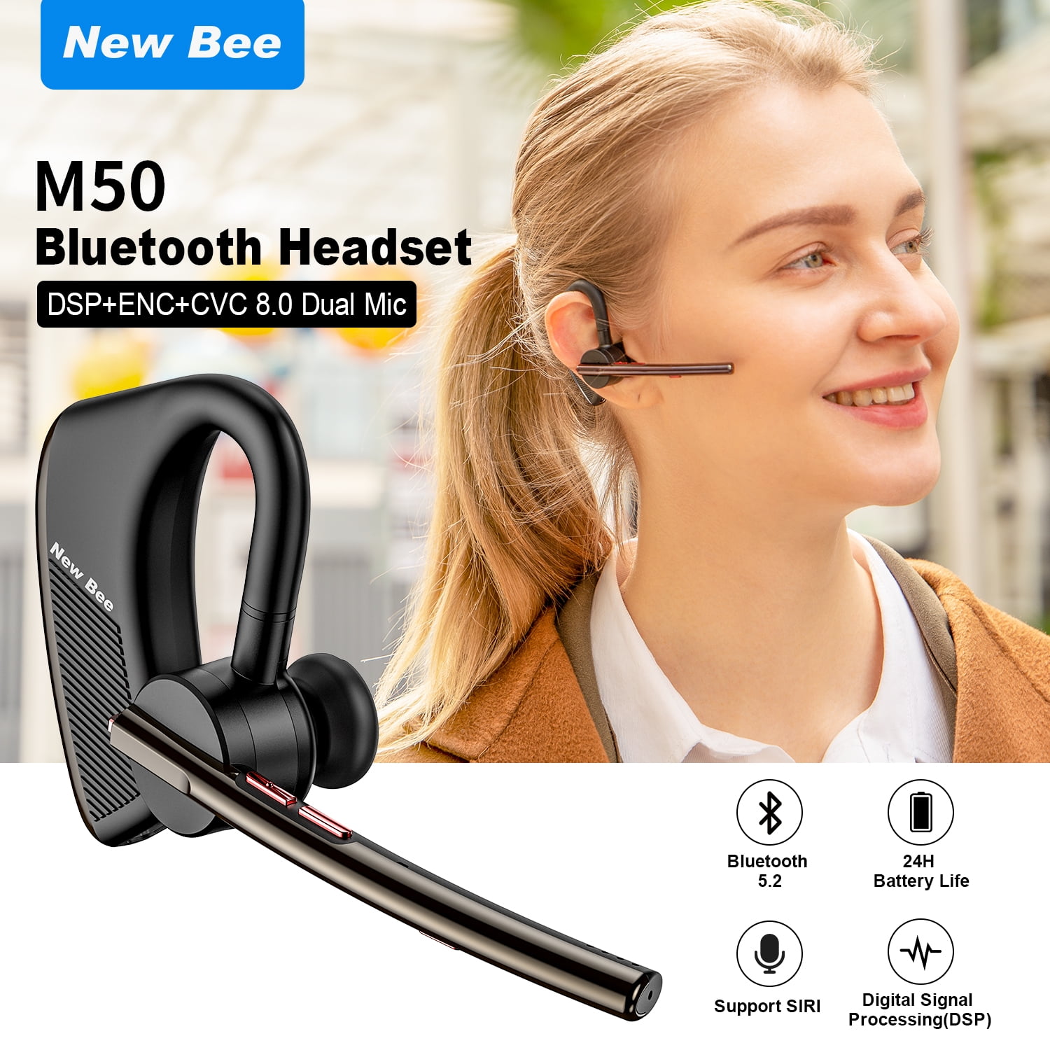 New bee Bluetooth Earpiece V5.0 Wireless Handsfree Headset 24 Hrs Driving  Headset 60 Days Standby Time with Noise Cancelling Mic Headsetcase for