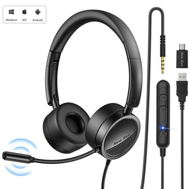 New bee USB Wired Headset with Noise-Canceling Mic, USB-C Adapter, Adjustable Headband, Playback Control/Mute, for Online Classes/Skype/Call Center/PC & Mobile