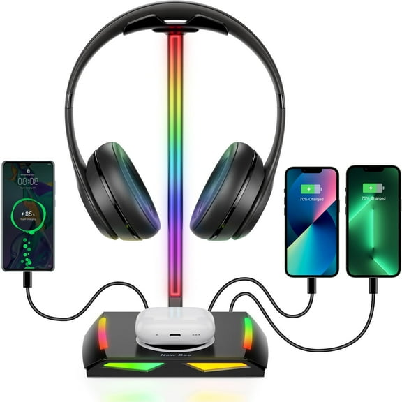 New bee Headset Stand with 7-Color RGB Light, 3-Port Hub (2 Type-C + 1 USB), Wireless Charger | Non-Slip Silicone Base, Universal Fit for All Headphones, Black