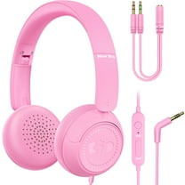 New bee Kids Headphones with Microphone,HD Stereo,85dB Volume Limit,Foldable,Cartoon Design,Adjustable Headband,Eco-Friendly Protein Leather & ABS,3.5mm Jack  PC Splitter for Girls/PC/Mac/Tablet,Pink