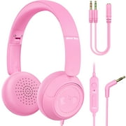 New bee Kids Headphones with Microphone,HD Stereo,85dB Volume Limit,Foldable,Cartoon Design,Adjustable Headband,Eco-Friendly Protein Leather & ABS,3.5mm Jack+ PC Splitter for Girls/PC/Mac/Tablet,Pink