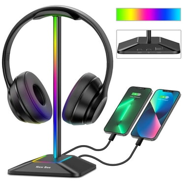 New bee Headset Stand with 7-Color LED, 2 Ports (Type-C/USB) for Charging & Data, Non-Slip Silicone Base, Suitable for All Earphone,Black