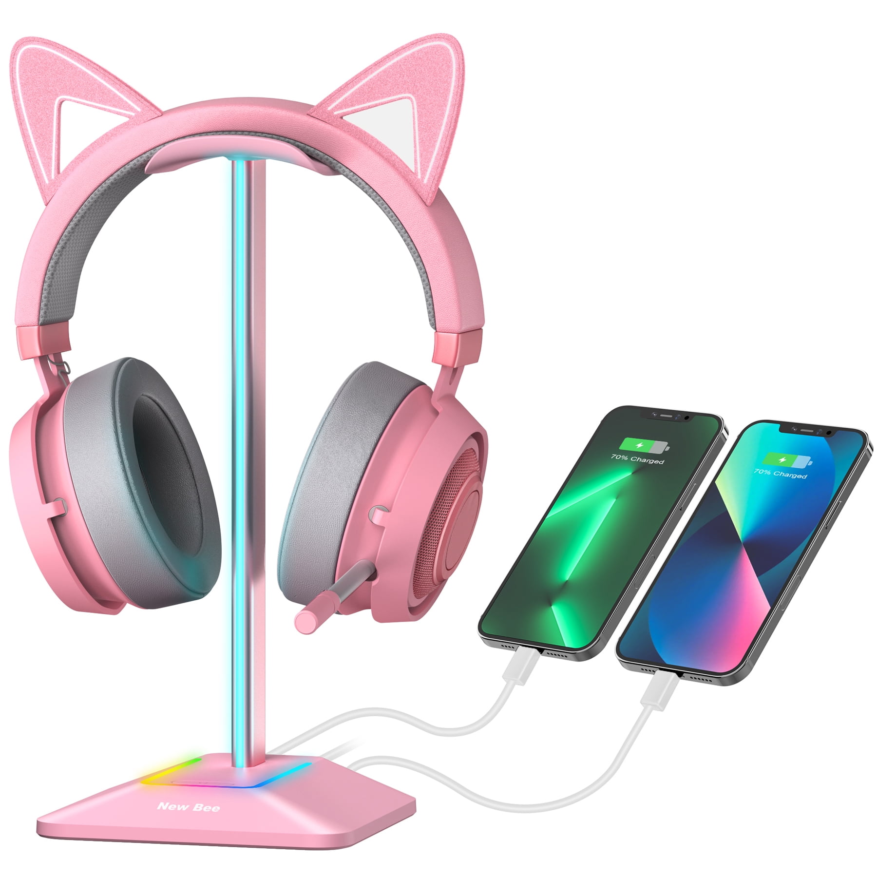 New Bee RGB Headphone Stand with USB USB-C Charging Port Desk Gaming Headset  Stand with 7 Light Mode 