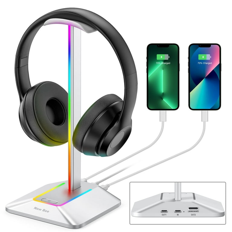 New bee Headset Stand with 7-Color LED, 2 Ports (Type-C/USB) for