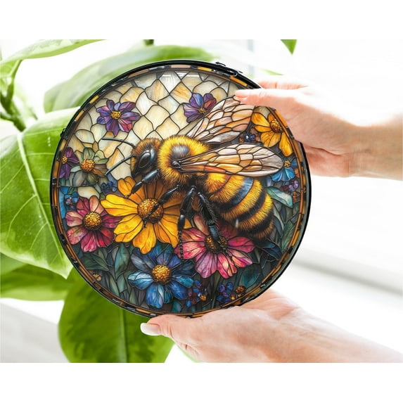 New Bee Suncatcher Window Hanging, Round Stained Glass Style Panel with Colorful Flowers, Garden Lover Gift, Nature Inspired Decor, Gift for Her