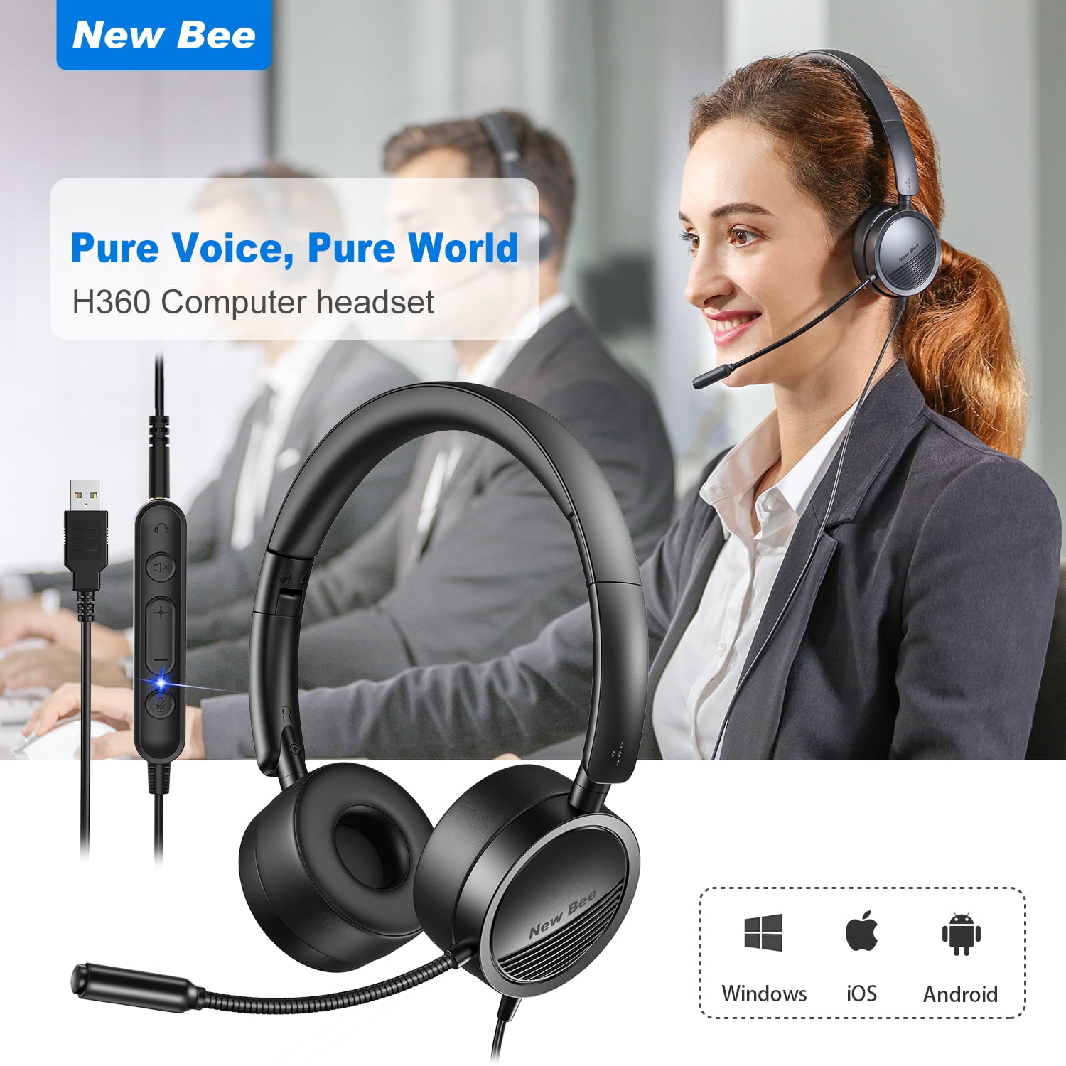 New Bee USB Office Computer Headset with Noise Cancelling Mic, In