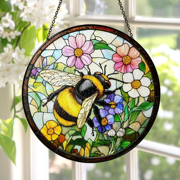 New Bee Wildflower Glass Suncatcher, Bee Stained Glass, Honeybee Gift for Garden Lovers, Animal Lover Home Decoration, Teacher Gift, Home Decor