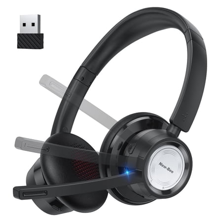 New bee Wireless Bluetooth 5.0 Headset with Noise Cancelling Mic (DSP+ENC), 270° Rotating Boom Mic HD Voice, 25H Playback/20H Talk, Mute Button, for Online Learning/Meetings/Skype