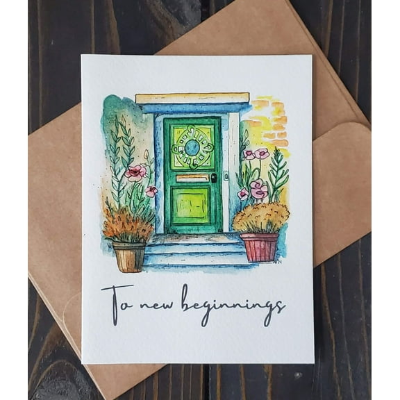 New Beginnings Greeting Card Beautiful Green Door Design with Flowers Blank Inside for Personal Messages Perfect for Housewarming, Graduation, or Any New Chapter