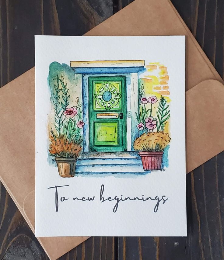 New Beginnings Greeting Card – Beautiful Green Door Design with Flowers ...