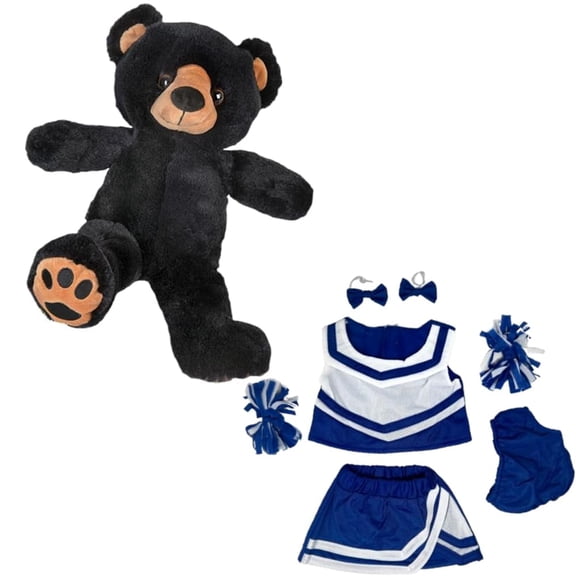 New Benjamin the Black Bear 8-Inch Stuffed Toy with Royal and White Cheerleader Uniform - Includes Top, Skirt, and 2 Pom Poms - Adorable Cheerleading Plush for Kids & Collectors