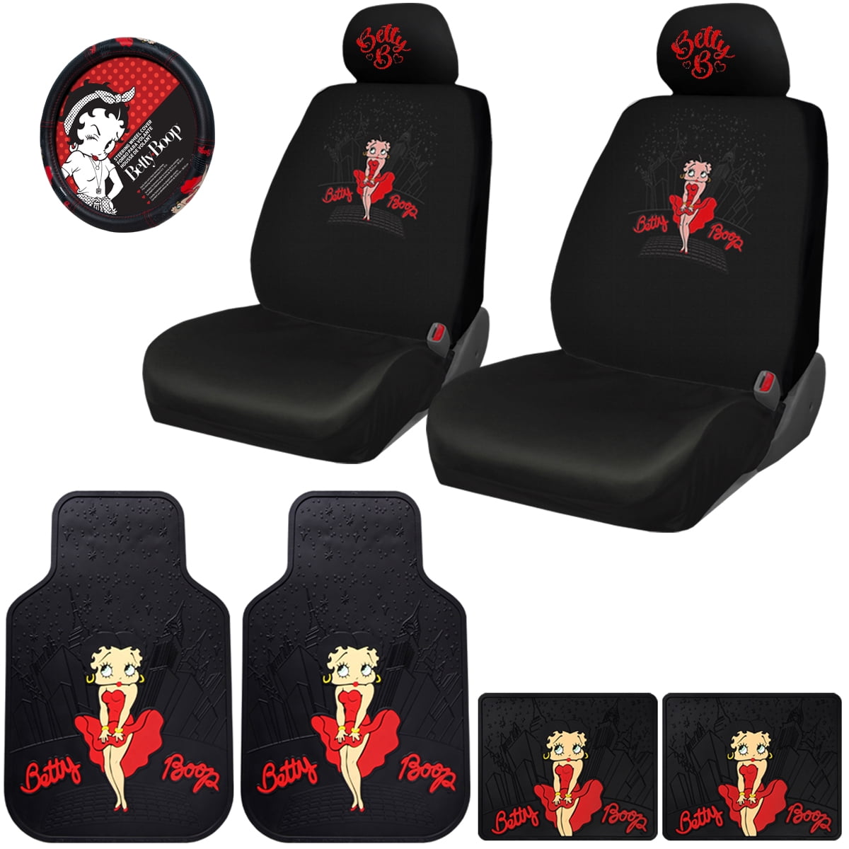 New Betty Boop Skyline Design Car Accessories Set New Seat Covers, Front and Rear Rubber Mats, Steering Wheel Cover Embroidered Headrest Covers Stylish Protection for Cars SUVs Trucks