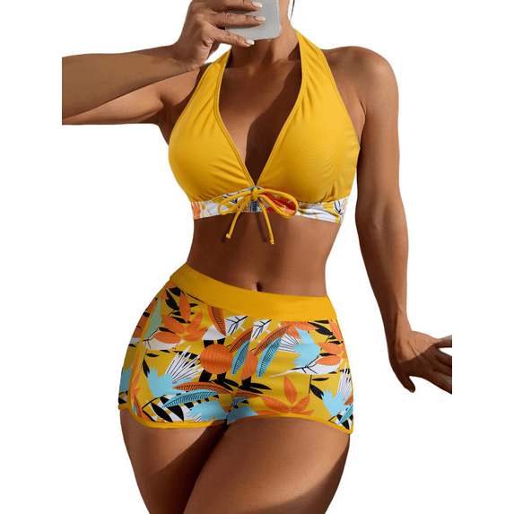 New Bikini Printed Boxer Swimsuit - Stylish Floral Split Swimwear for Women, Conservative Design with Comfortable Fit
