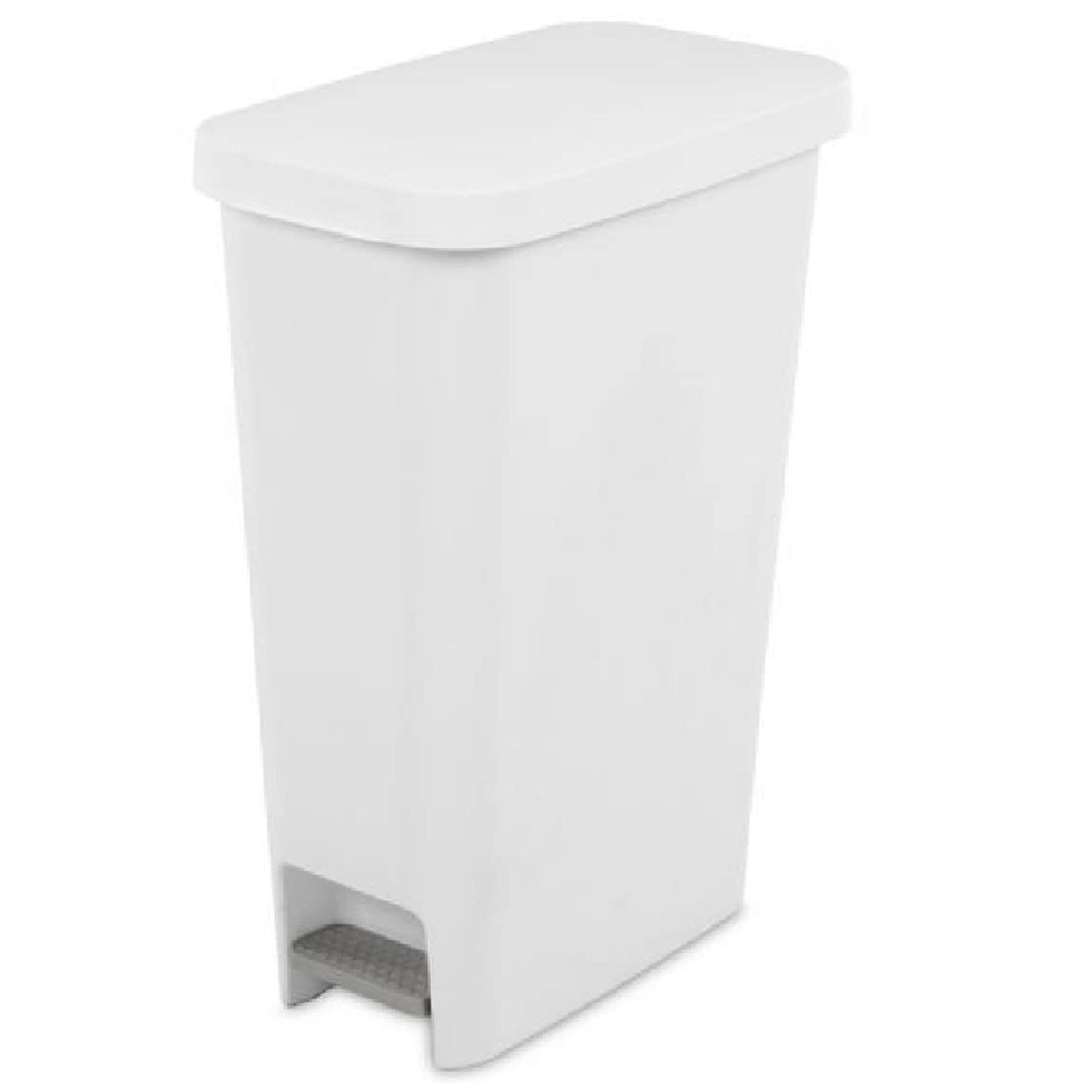 Slim White Plastic Step-On Wastebasket, 11 Gallon Capacity