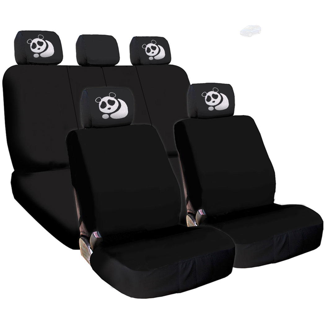 New Black Flat Cloth Universal Fit Car Seat Covers With Embroidery Logo Headrest Covers Support 60/40 Split Seats (Panda) - image 1 of 4