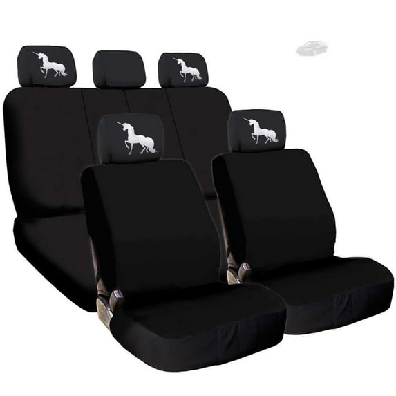 Yupbizauto New Black Flat Cloth Universal Fit Car Seat Covers with Embroidery Logo Headrest Covers Support 60/40 Split Seats (Unicorn)