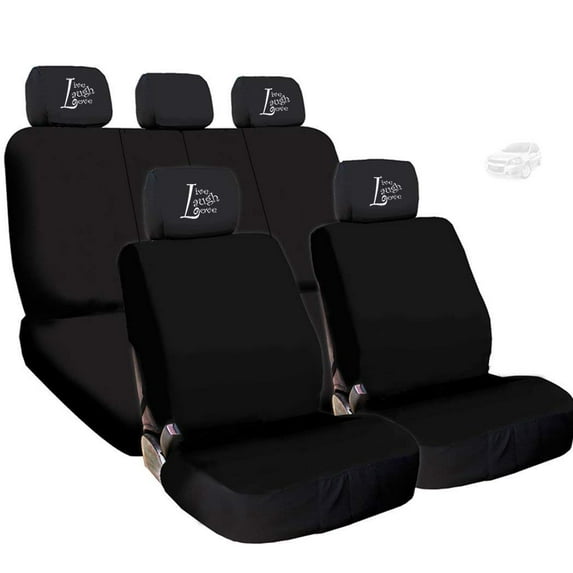 Yupbizauto New Black Flat Cloth Universal Fit Car Seat Covers with Embroidery Logo Headrest Covers Support 60/40 Split Seats (Live Laugh Love)