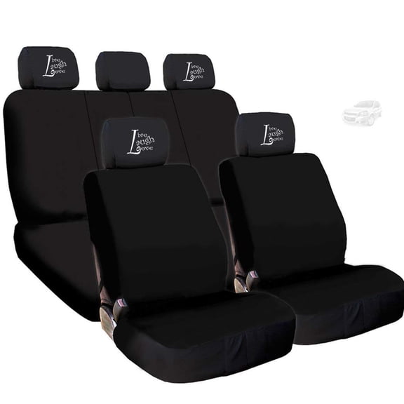 Yupbizauto New Black Flat Cloth Universal Fit Car Seat Covers with Embroidery Logo Headrest Covers Support 60/40 Split Seats (Live Laugh Love)