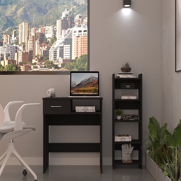 New Black Home Office Set 2-Piece - Desk w/ Keyboard Tray & Drawer + 5-Shelf Bookcase, Compact Particle Board Combo